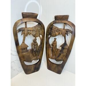 Vintage Polynesian Native Hand Carved Real Wood Wall Art Decor Handmade Tropical